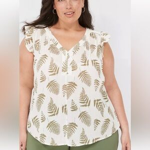 Lane Bryant Cream V-Neck Flutter Sleeve Fern Print Blouse